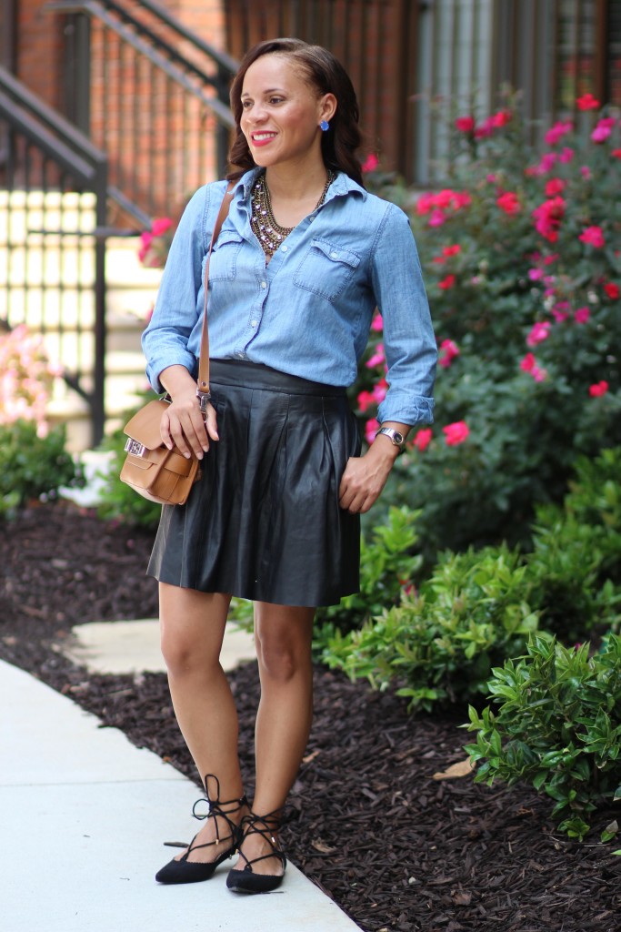 leather-skater-skirt-denim-shirt