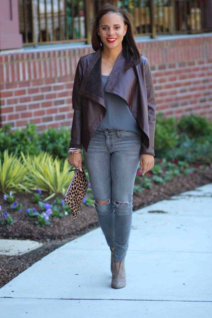 brown-and-gray-outfit-BB-Dakota-brown-leather-jacket