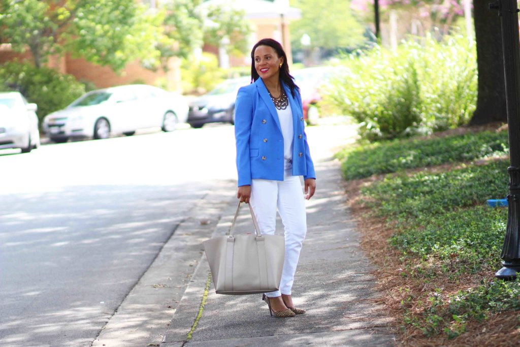 all white outfit with blue blazer