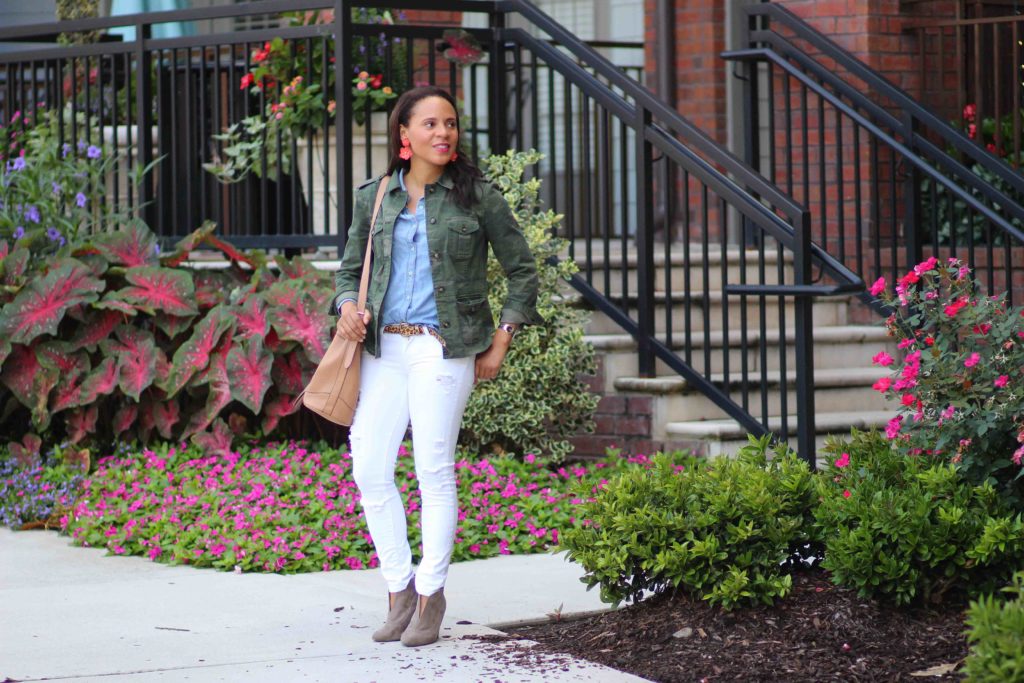 denim shirt with white jeans and camo jacket