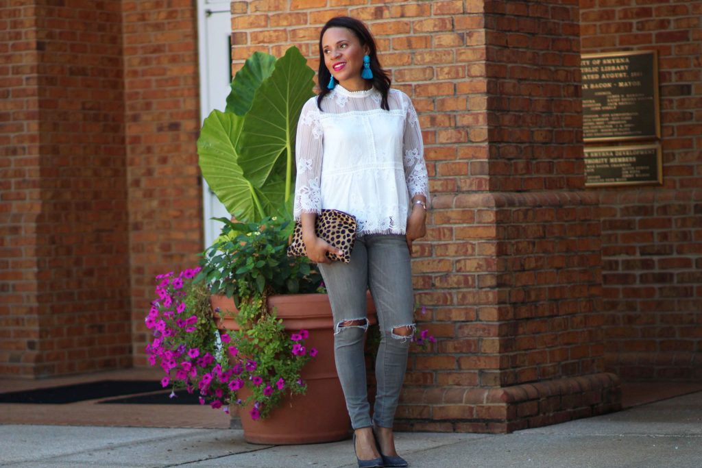 white lace shirt with jeans