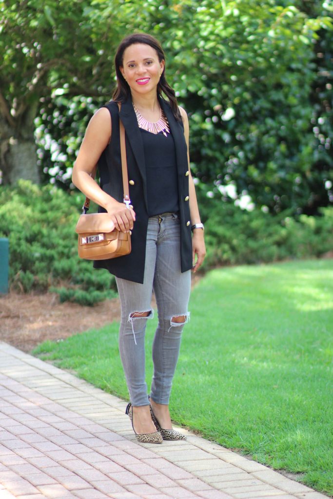 black double breasted sleeveless vest outfit