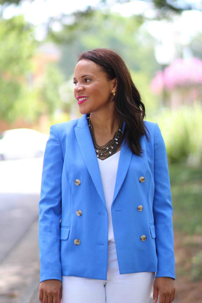 j. crew light blue double breasted blazer womens