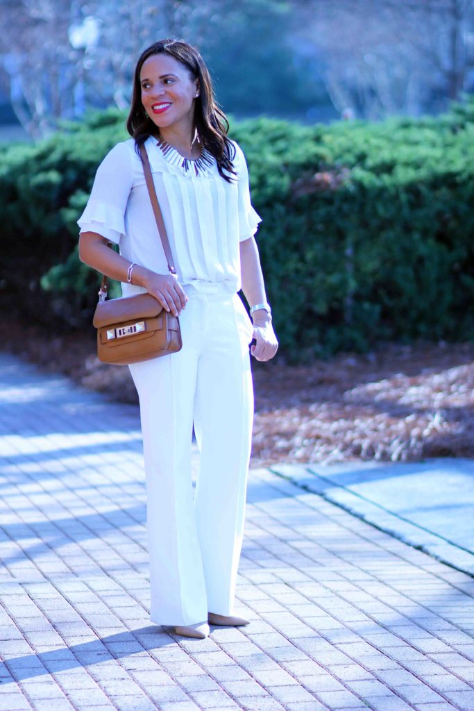 all white outfit, winter white pants outfit, what goes with winter white pants, camel proenza schouler ps11, sam edelman nude pumps, winter white wide leg pants