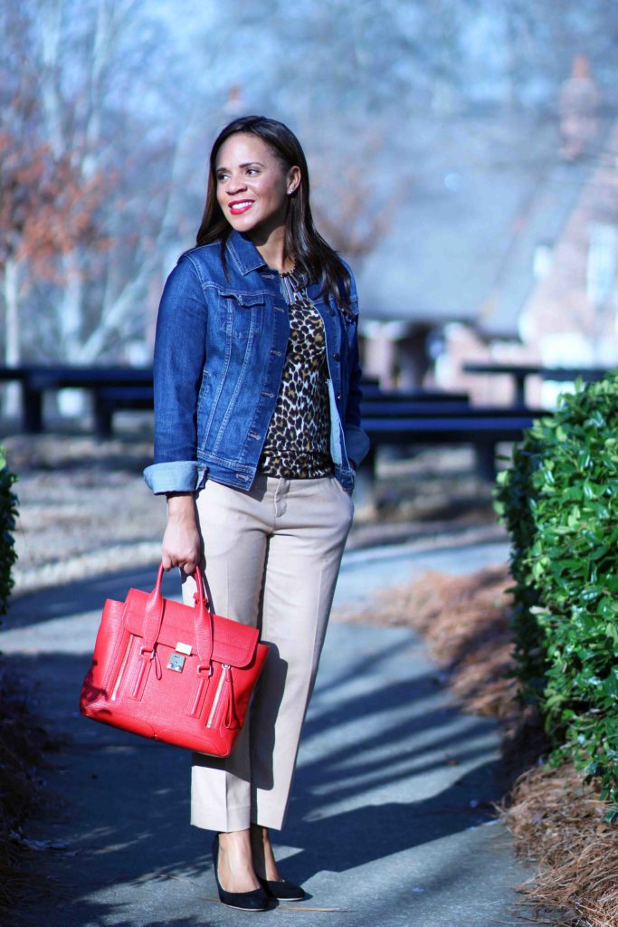 j crew leopard tippi sweater, banana republic camel avery pants, old navy jean jacket, casual work outfit,