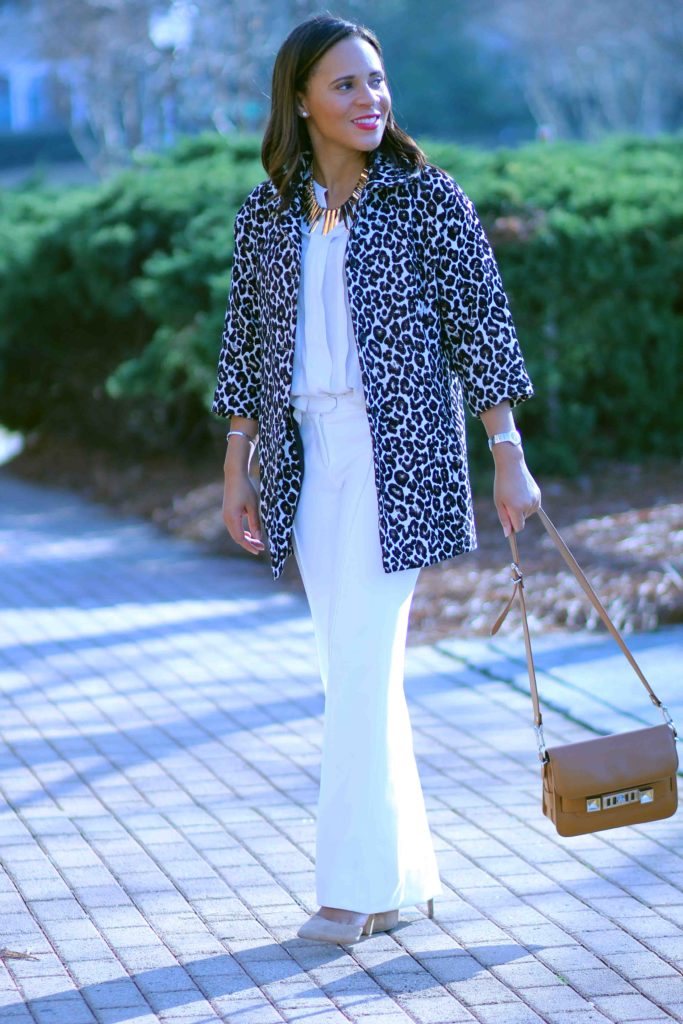 leopard coat outfit, winter white pants outfit, what goes with winter white pants, camel proenza schouler ps11, sam edelman nude pumps, winter white wide leg pants