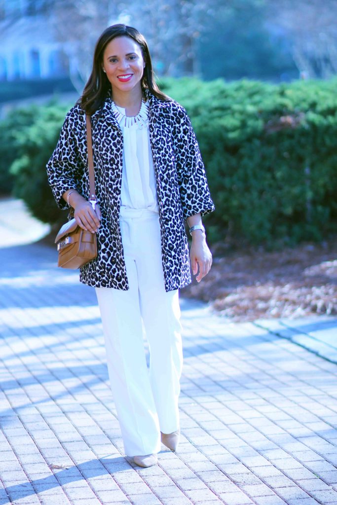leopard coat outfit, winter white pants outfit, what goes with winter white pants, camel proenza schouler ps11, sam edelman nude pumps, winter white wide leg pants
