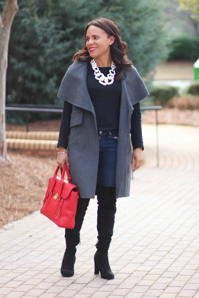 derek lam sleeveless jacket sam edleman black over the knee boots, sam edleman black otk boots, winter transitional outfit