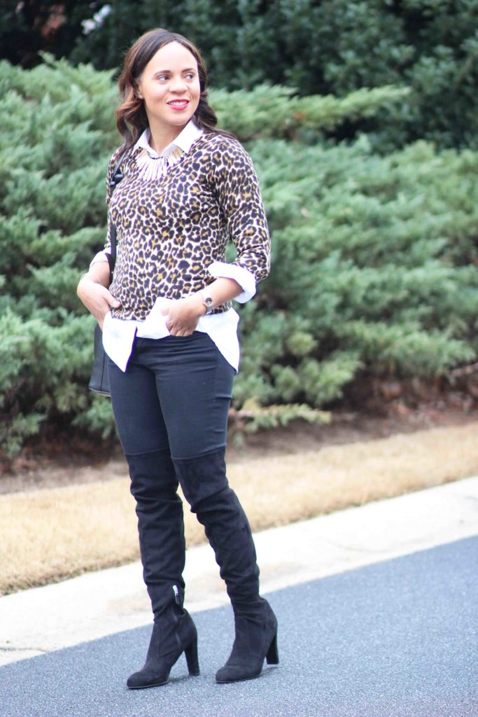 jcrew leopard print crew neck sweater, leopard print sweater outfit, leopard print outfit ideas, sam edelman black over the knee boots, rag and bone black skinny jeans, bauble bar statement necklace, old navy bucket bag