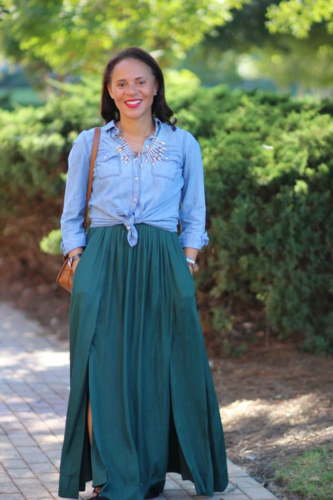 wear a denim shirt over a dress, banana republic green sleeveless maxi dress, topshop lace up flats, proezna schouler ps11 bag, winter to spring transition outfit, old navy denim shirt, spring date outfit, spring casual outfit