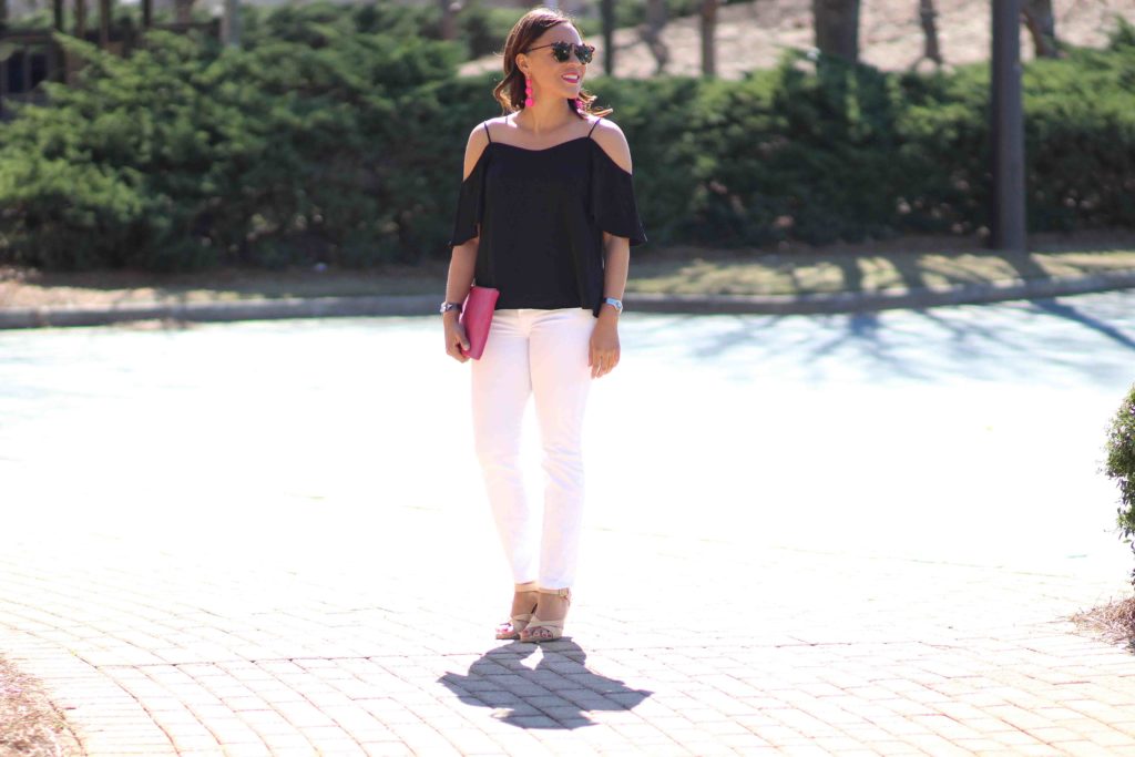 black cold shoulder top outfit, black and white outfit for spring, bauble bar crispin earrings, old navy pink clutch