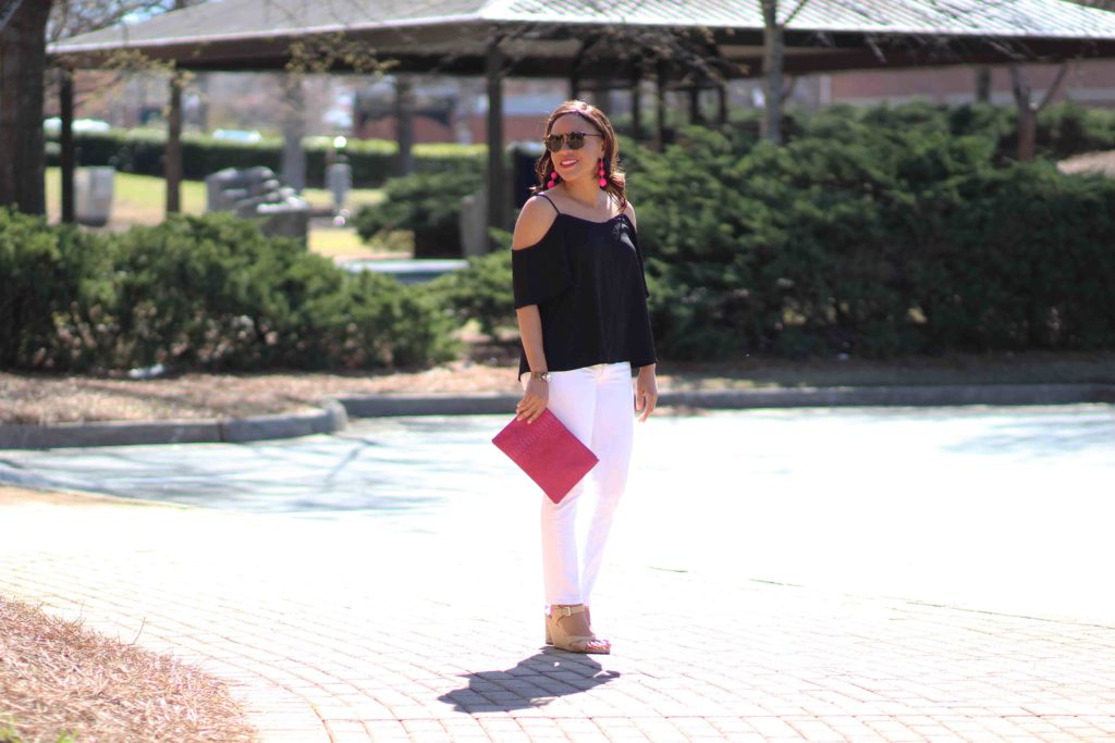 black cold shoulder top outfit, black and white outfit for spring, bauble bar crispin earrings, old navy pink clutch