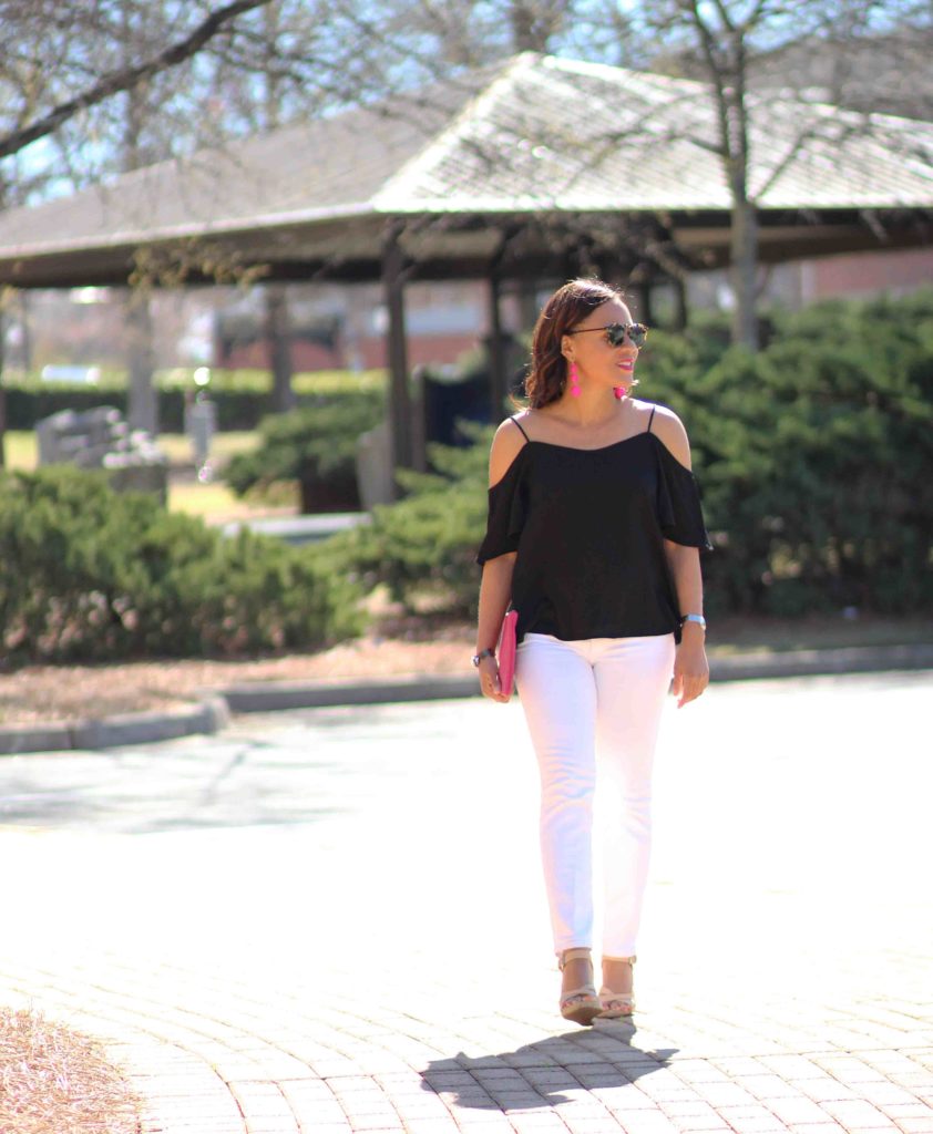 black cold shoulder top outfit, black and white outfit for spring, bauble bar crispin earrings, old navy pink clutch