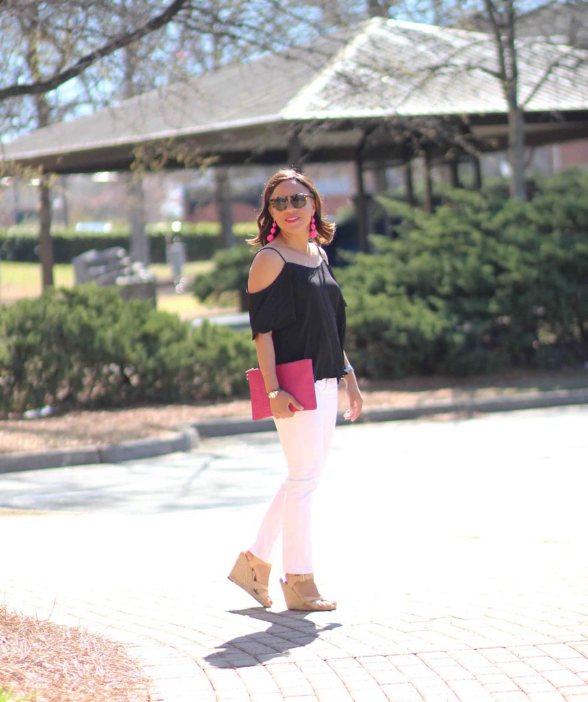 black cold shoulder top outfit, black and white outfit for spring, bauble bar crispin earrings, old navy pink clutch