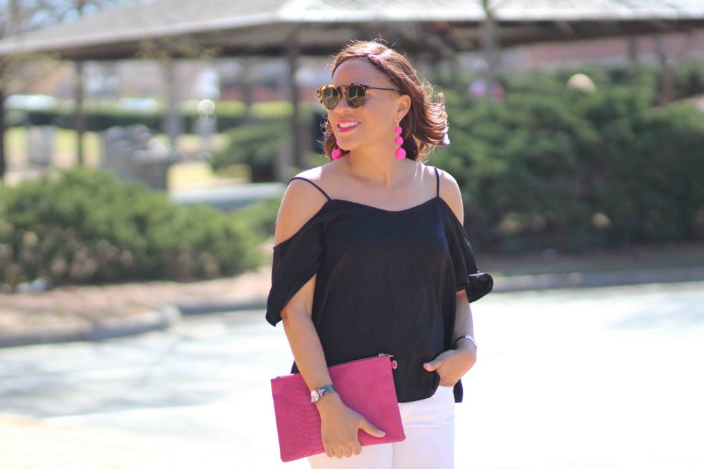 black cold shoulder top outfit, black and white outfit for spring, bauble bar crispin earrings, old navy pink clutch