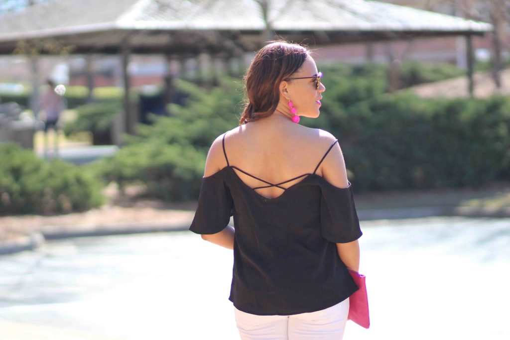 black cold shoulder top outfit, black and white outfit for spring, bauble bar crispin earrings, old navy pink clutch