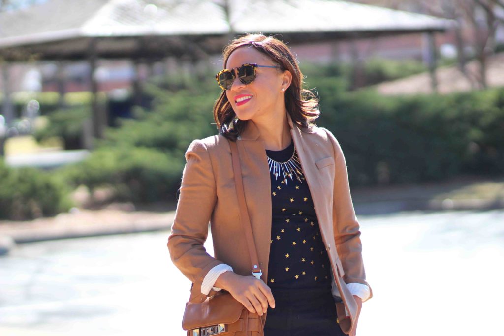 all navy outfit, jcrew camel regent blazer, Proenza Schouler PS11 bag, all navy everything, camel blazer outfit