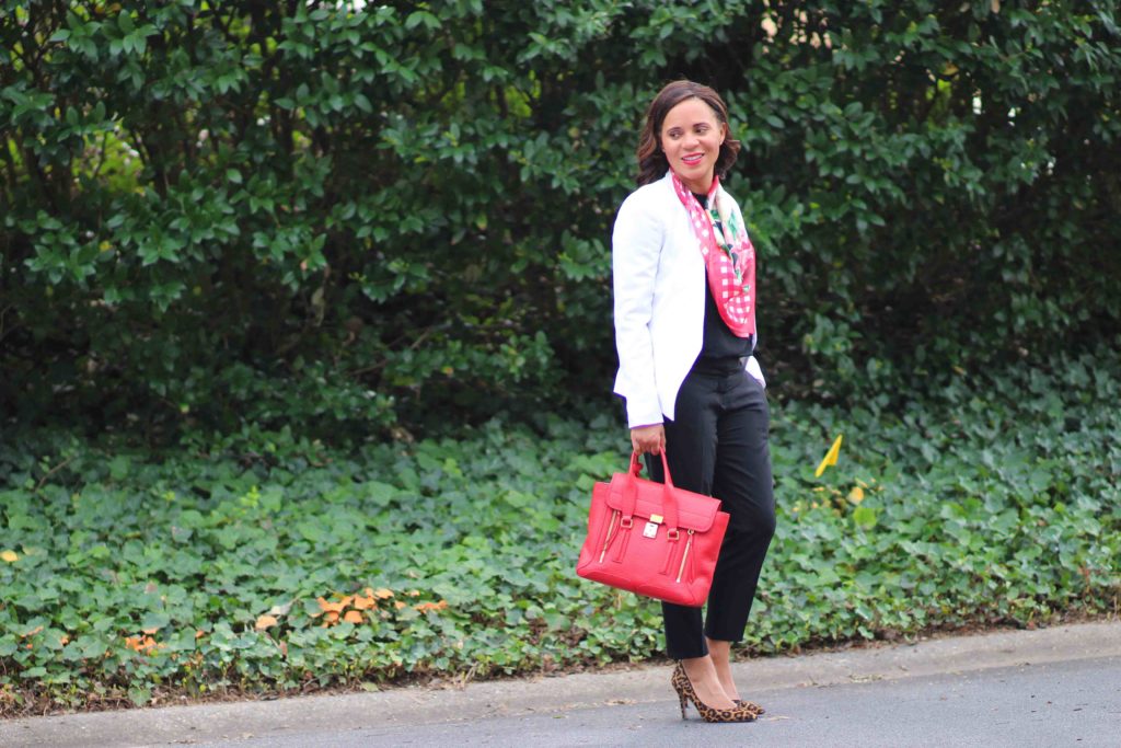 oprah collection talbots dress for success, business casual outfit, sam edelman leopard hazel pumps, 3.1. phillip lim red pashli bag, all black outfit with white blazer, how to wear a scarf to work, red floral scarf with all black outfit