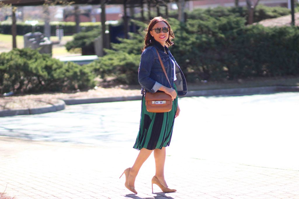 ann taylor wave pleated skirt, express barcelona cami, old navy jean jacket, zara suede heels, spring business casual outfit, how to wear a jean jacket to work