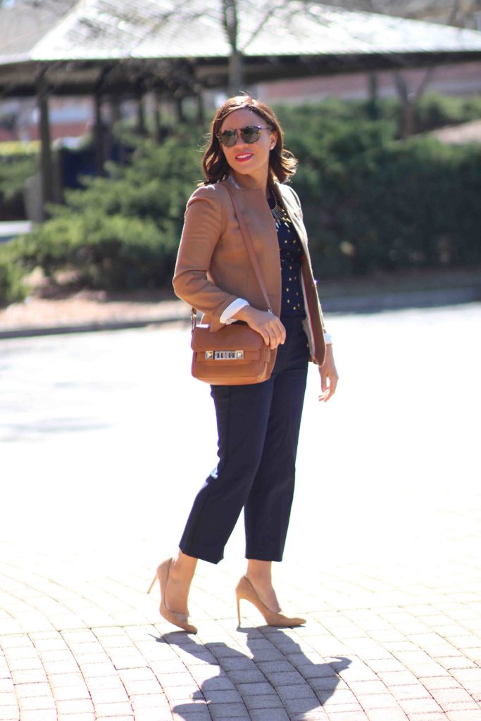all navy outfit, jcrew camel regent blazer, Proenza Schouler PS11 bag, all navy everything, camel blazer outfit