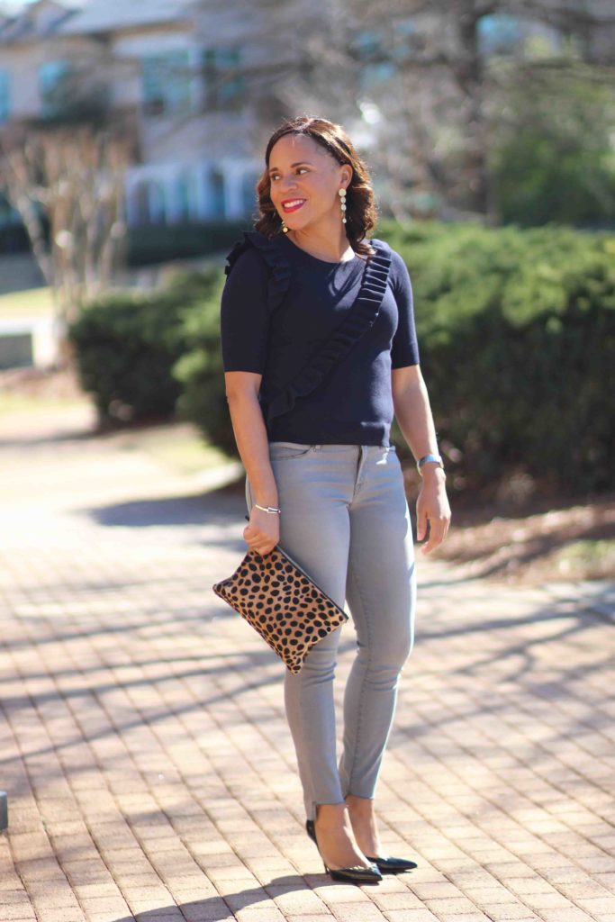 Frame Le High Grey Skinny Jeans, Ann Taylor, Ruffle Front Top, Nicole to the Nines, Christian Louboutin Iriza Pumps, Clare V Leopard Flat Clutch, Spring Date Outfit, Gray Step Hem Jeans, How to Wear Step Hem Jeans
