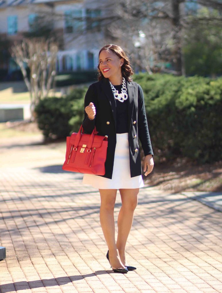 black express sleeveless jacket, white jcrew skirt, bauble bar statement necklace, christian louboutin iriza pumps, black and white business casual outfit