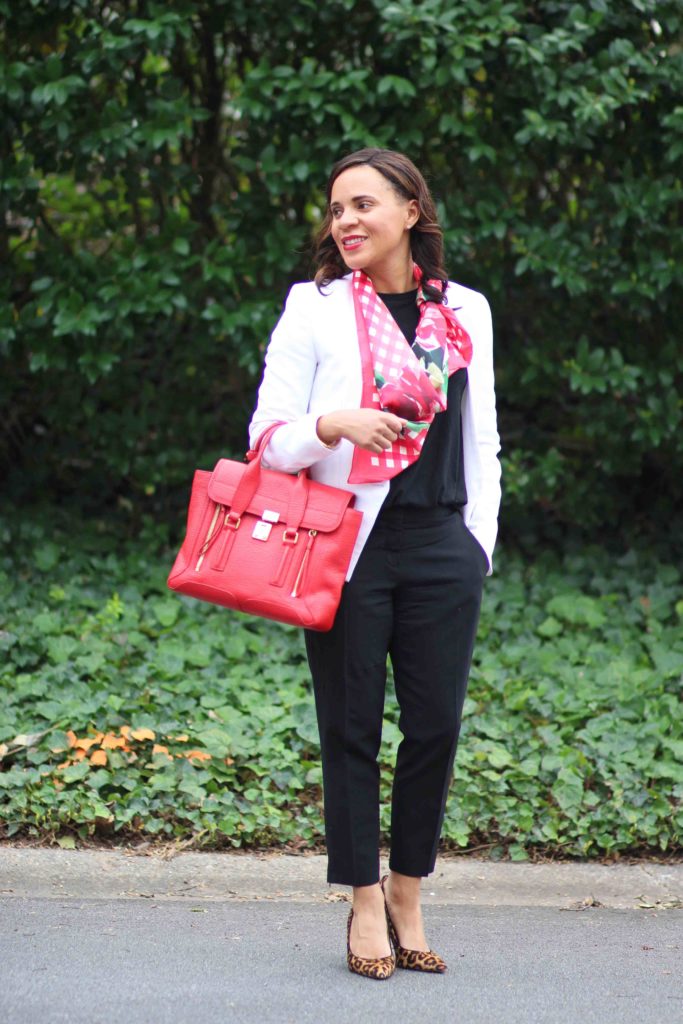 oprah collection talbots dress for success, business casual outfit, sam edelman leopard hazel pumps, 3.1. phillip lim red pashli bag, all black outfit with white blazer