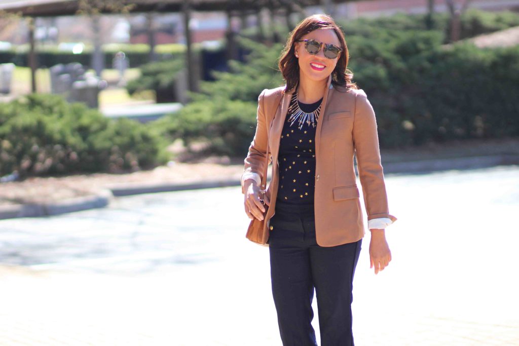 all navy outfit, jcrew camel regent blazer, Proenza Schouler PS11 bag, all navy everything, camel blazer outfit