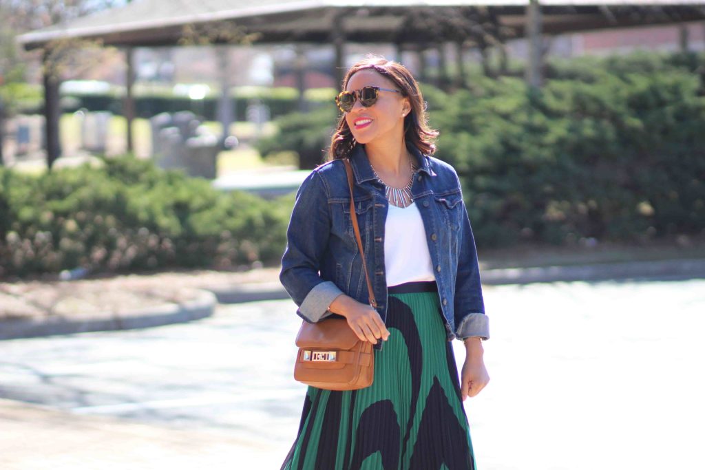 ann taylor wave pleated skirt, express barcelona cami, old navy jean jacket, zara suede heels, spring business casual outfit, how to wear a jean jacket to work