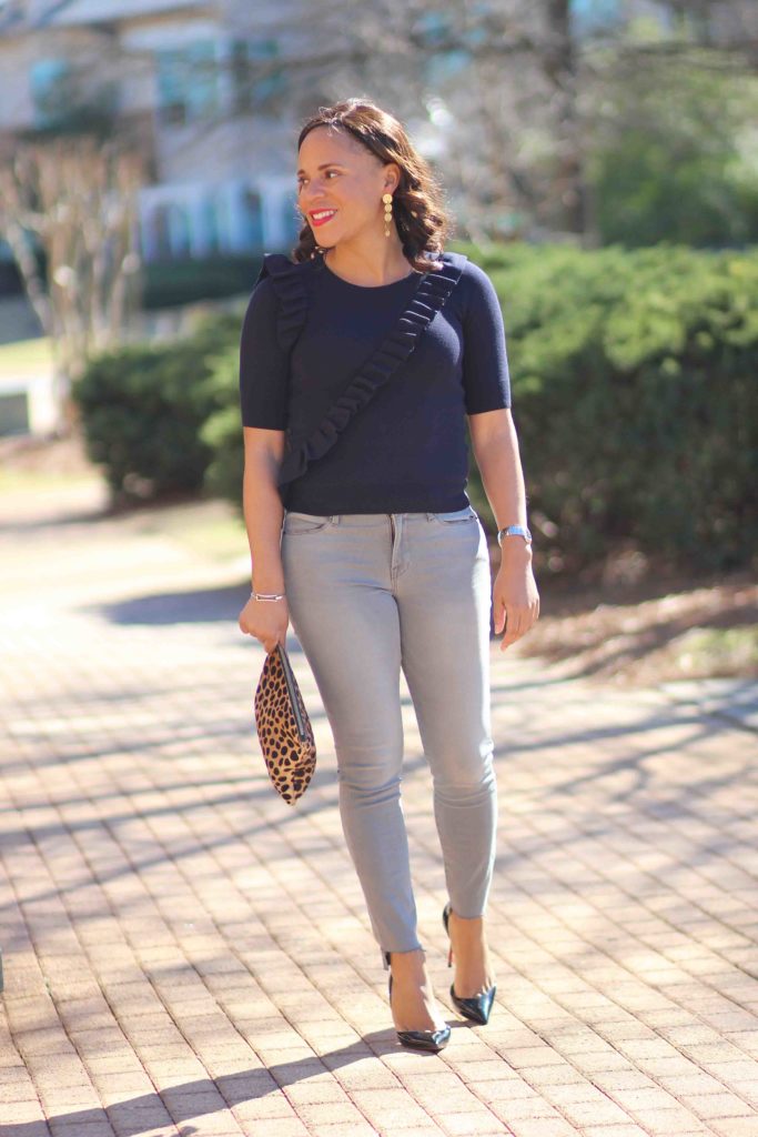 Frame Le High Grey Skinny Jeans, Ann Taylor, Ruffle Front Top, Nicole to the Nines, Christian Louboutin Iriza Pumps, Clare V Leopard Flat Clutch, Spring Date Outfit, Gray Step Hem Jeans, How to Wear Step Hem Jeans