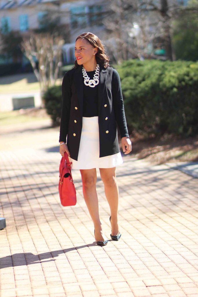 black express sleeveless jacket, white jcrew skirt, bauble bar statement necklace, christian louboutin iriza pumps, black and white business casual outfit