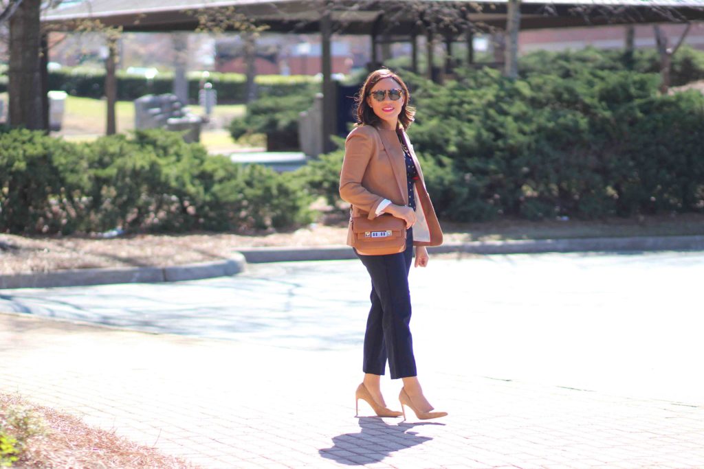 all navy outfit, jcrew camel regent blazer, Proenza Schouler PS11 bag, all navy everything, camel blazer outfit