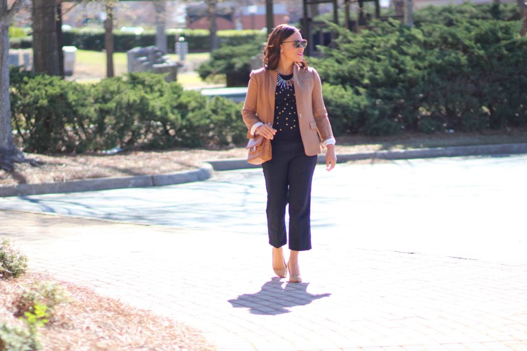 all navy outfit, jcrew camel regent blazer, Proenza Schouler PS11 bag, all navy everything, camel blazer outfit