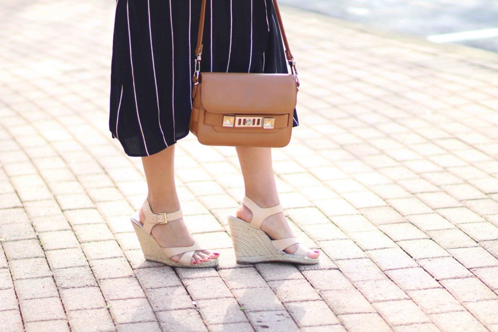 loft striped midi dress, bauble bar cripsin earrings, spring casual outfit, spring date outfit