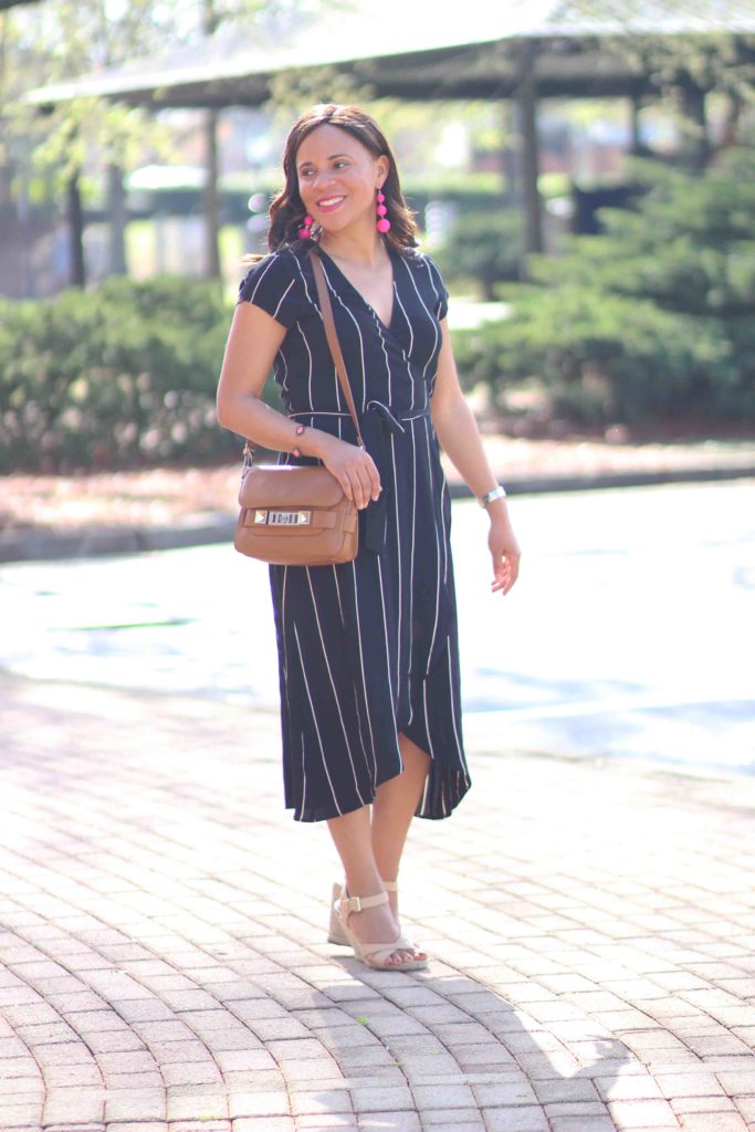 loft striped midi dress, bauble bar cripsin earrings, spring casual outfit, spring date outfit