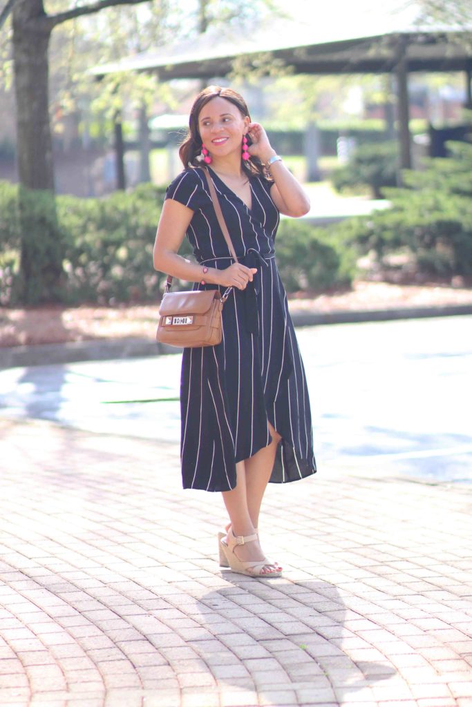 loft striped midi dress, bauble bar cripsin earrings, spring casual outfit, spring date outfit