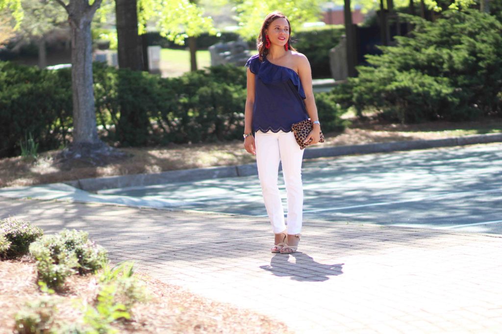 summer casual outfit, white skinny jeans outfit, aqua one shoulder eyelet ruffle top, jcrew statement earrings