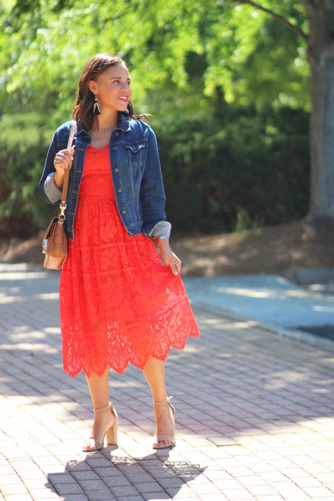 red dress with jean jacket