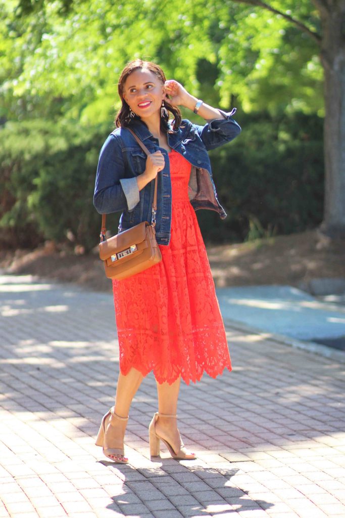 target red lace dress, old navy jean jacket, sam edelman sandals, casual wedding guest outfit ideas, nicole to the nines