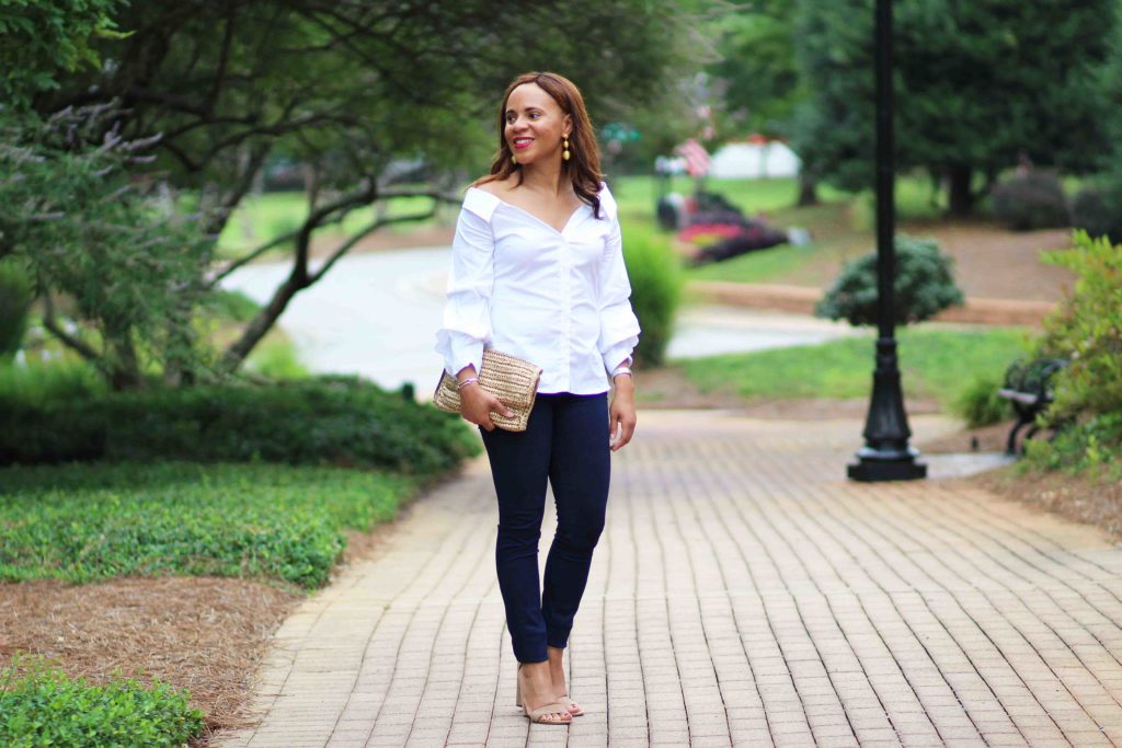 white off the shoulder top outfit ideas