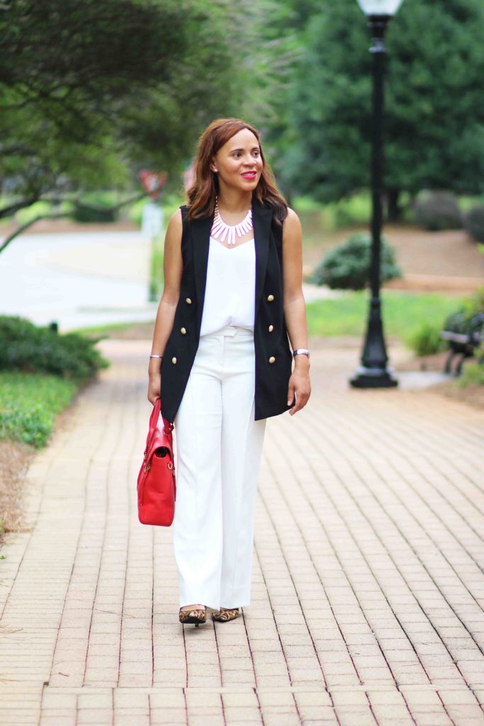 Express black vest, white wide leg pants outfit for work, sam edelman leopard heels, black and white work outfit