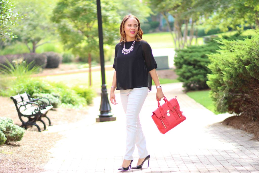 how to style metallic jeans, cypress and fifth review, bauble bar statement necklace, 3.1 phillip lim bag