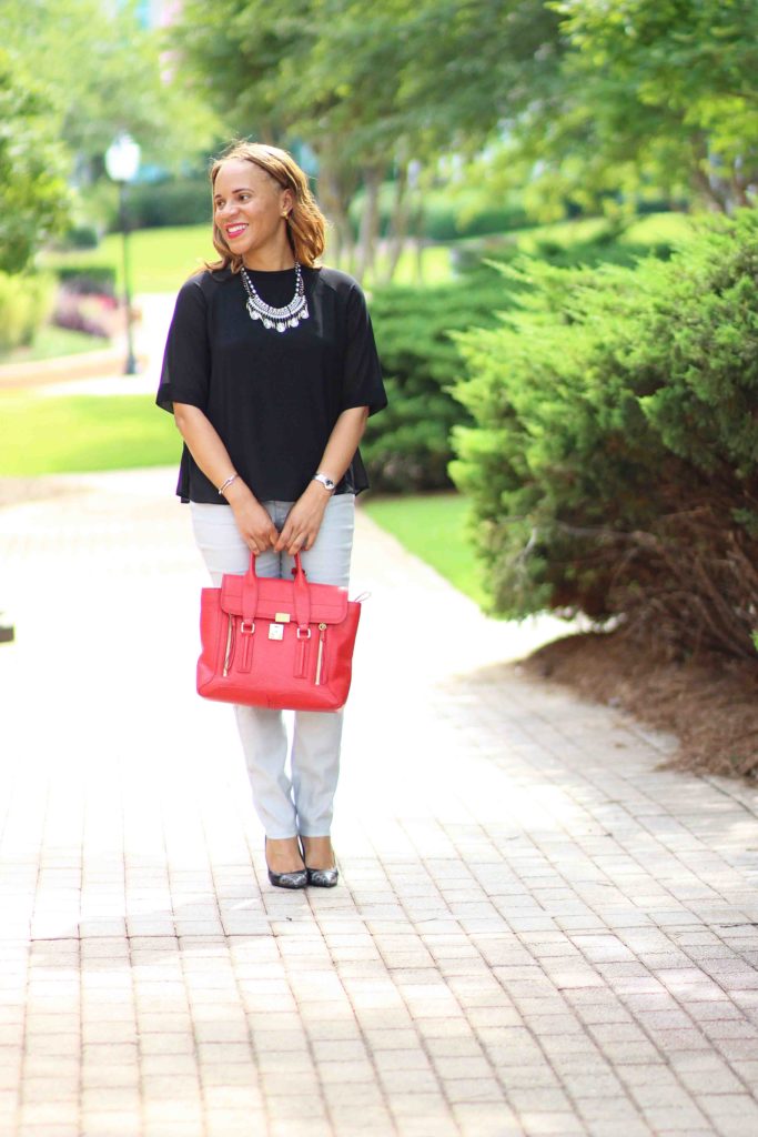 how to style metallic jeans, cypress and fifth review, bauble bar statement necklace, 3.1 phillip lim bag