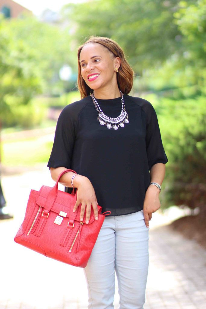how to style metallic jeans, cypress and fifth review, bauble bar statement necklace, 3.1 phillip lim bag