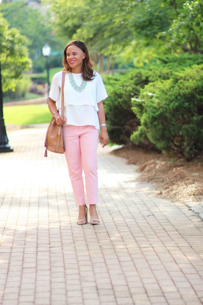 loft julie blush pink pants, zara white top, sam edelman yaro heels, old navy bucket bag, bauble bar statement necklace, blush pink pants outfit