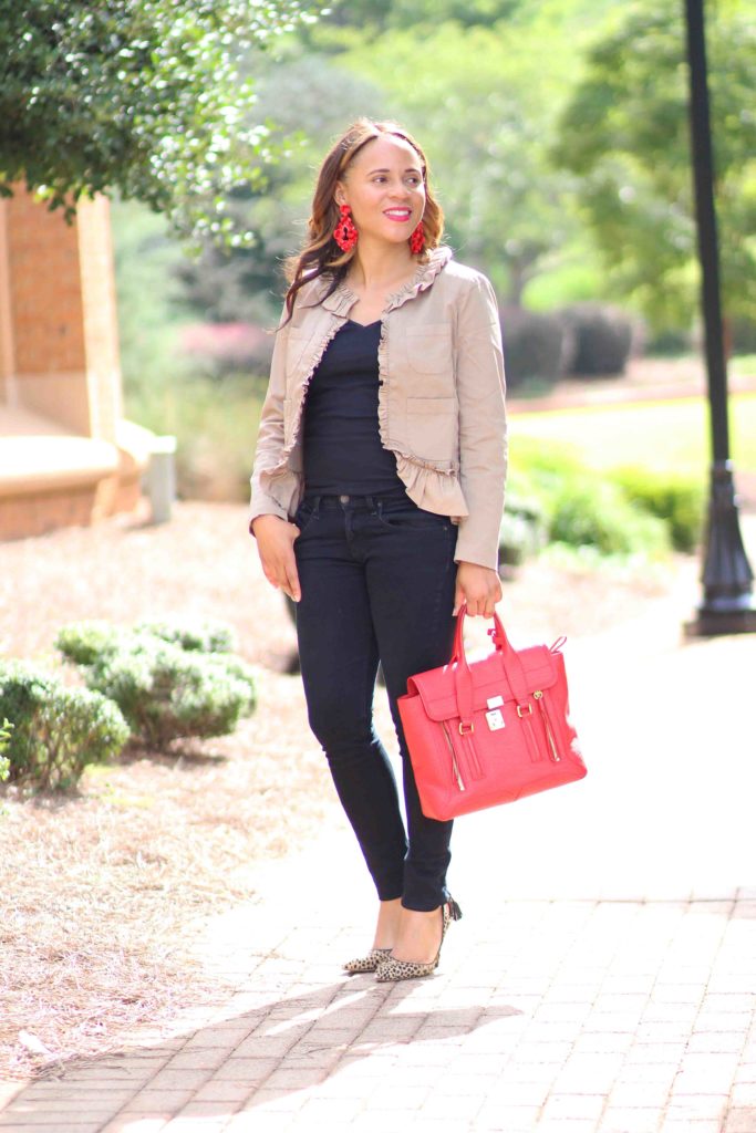 jcrew ruffle chino jacket, 3.1 phillip lim pashli bag, jcrew red statement earrings, rag and bone skinny jeans, business casual outfit, black and camel outfit, leopard heel outfit