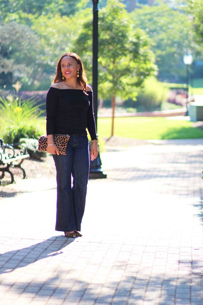 black off the shoulder top outfit with leopard heels, jcrew black off the shoulder long sleeve t-shirt, sam edelman hazel pumps, clare v flat leopard clutch, bauble bar criselda earrings, fall date night outfit