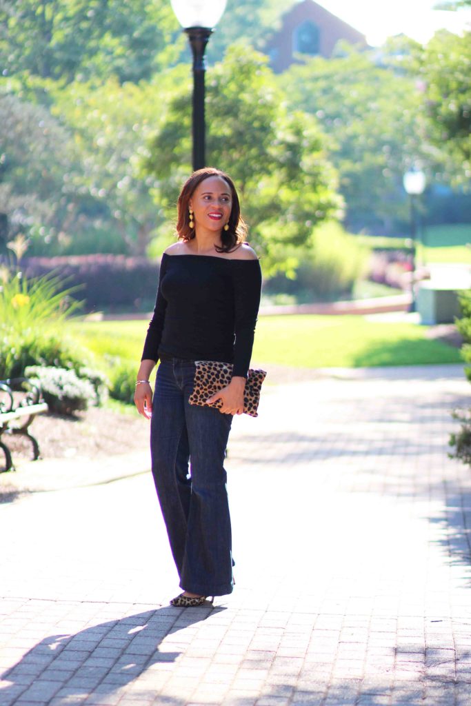 black off the shoulder top outfit with leopard heels, jcrew black off the shoulder long sleeve t-shirt, sam edelman hazel pumps, clare v flat leopard clutch, bauble bar criselda earrings, fall date night outfit 