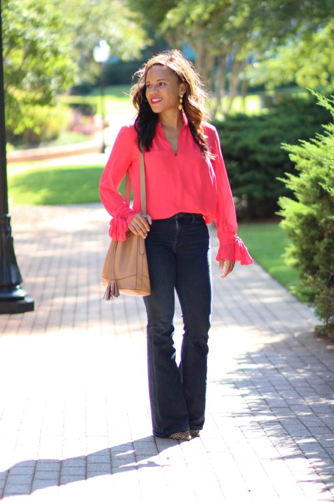 pink ann taylor bow sleeve blouse, camel old navy bucket bag, treasure and bond flare jeans, fall date night outfit, fall casual work outfit