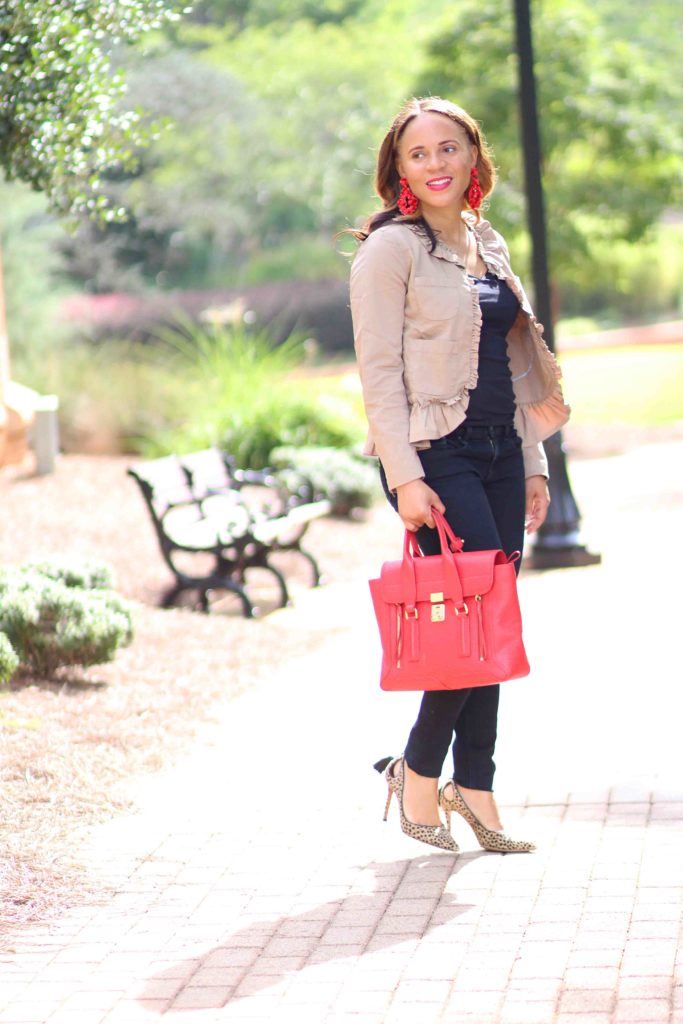 jcrew ruffle chino jacket, 3.1 phillip lim pashli bag, jcrew red statement earrings, rag and bone skinny jeans, business casual outfit, black and camel outfit, leopard heel outfit